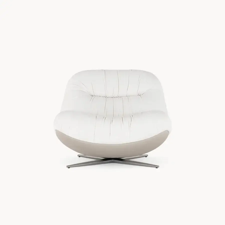 Distinguished Visionnaire Aura lounge chair with sculpted wooden shell enveloped in subtly textured off-white textile and satin metal finish