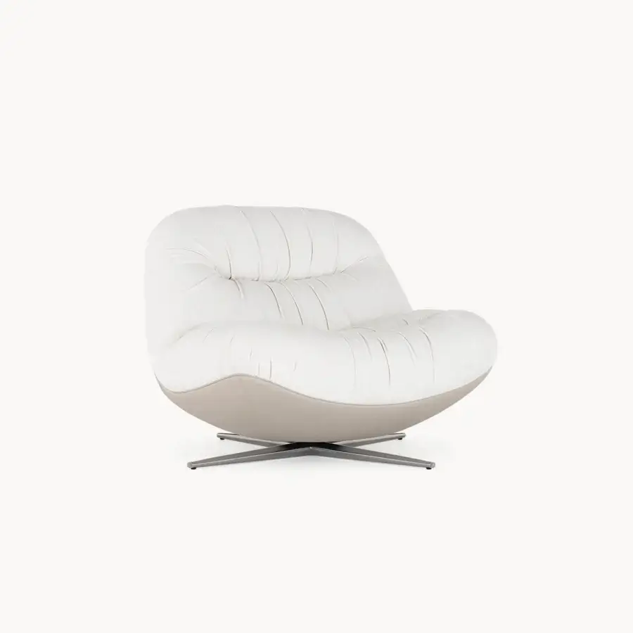 Exceptional Visionnaire Aura lounge chair with wooden shell and light fabric upholstery supported by satin metal swivel base
