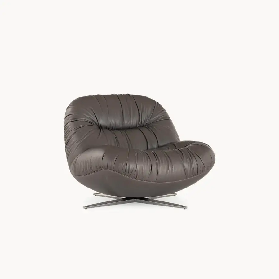 Elegant Visionnaire Aura lounge chair with sculpted wooden shell upholstered in textured grayish-brown leather and satin metal base