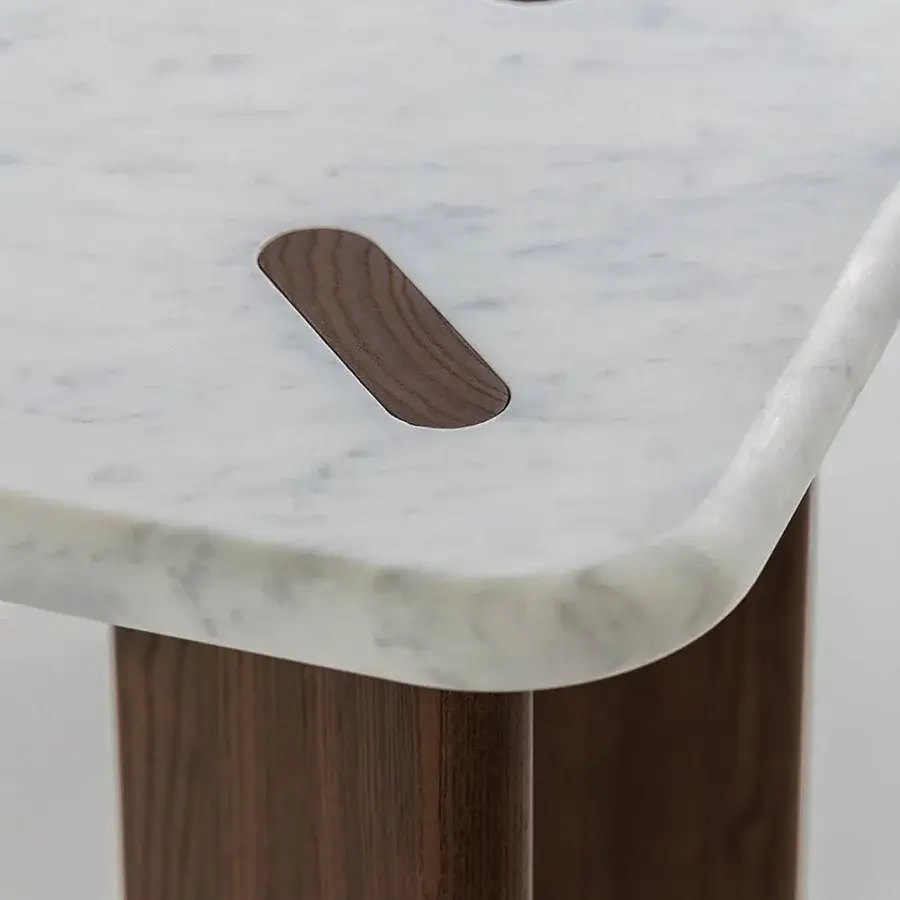Distinctive Potocco E Claire console built with light marble and medium-brown ash wood, showcasing dark wooden cutouts