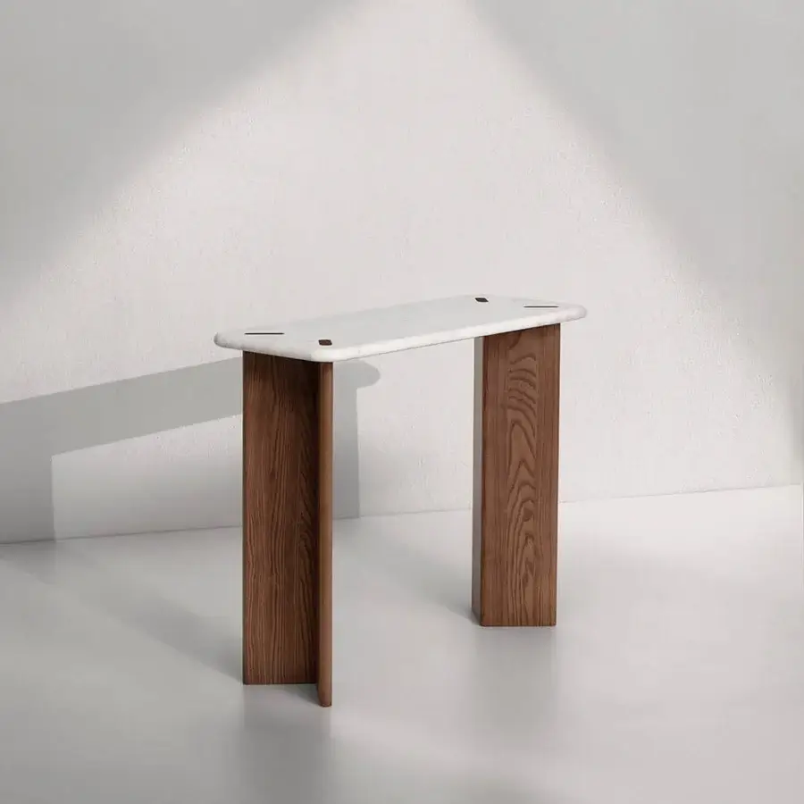 Superior Potocco E Claire console built with light marble and warm medium-brown ash wood with satin finish