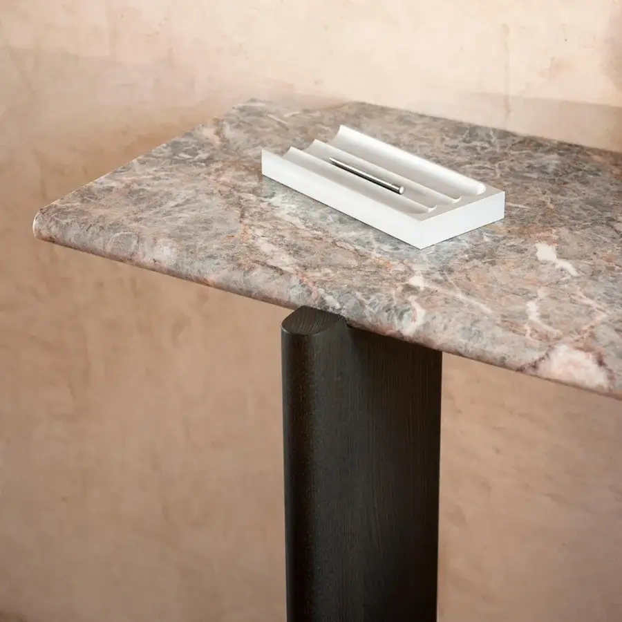 Refined Potocco E Claire console built with polished marble displaying grey, beige, and reddish-brown veining and dark matte ash wood