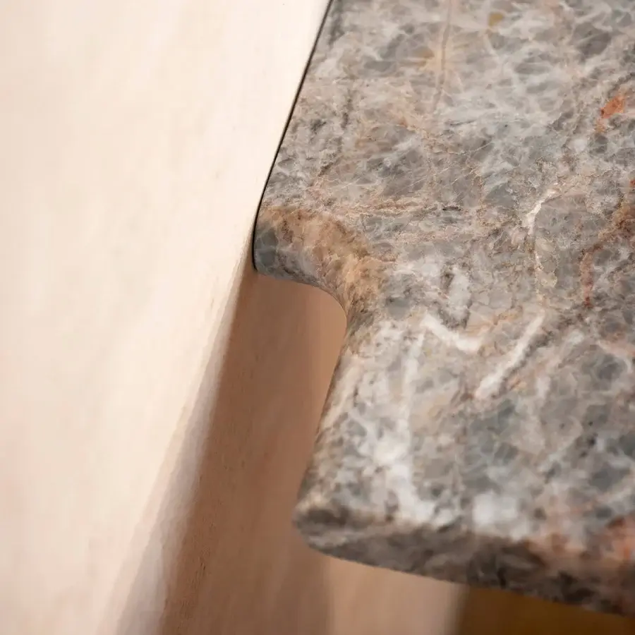 Elegant Potocco E Claire console crafted with pale beige ash wood and polished marble displaying gray, brown veining
