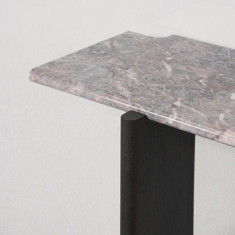 Distinguished Potocco E Claire console built with grey, white and reddish-brown veined marble and dark matte black ash wood