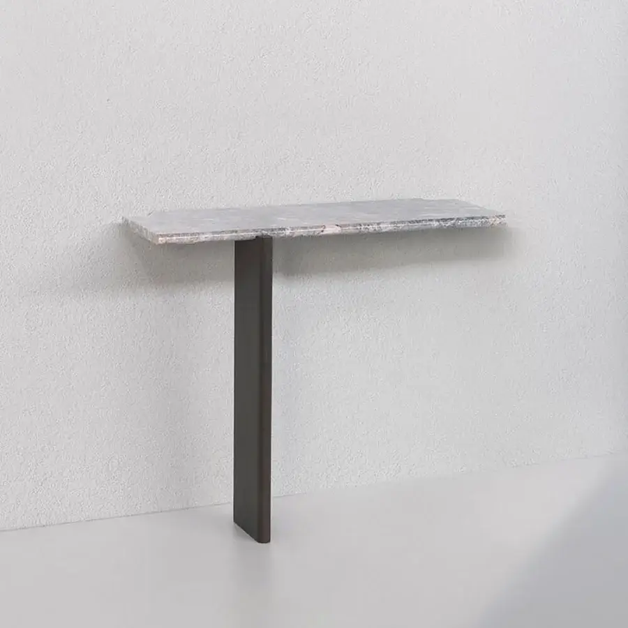 Superior Potocco E Claire console with a refined marble top and dark matte-finished metal base exhibiting subtle gray and pale pink veining