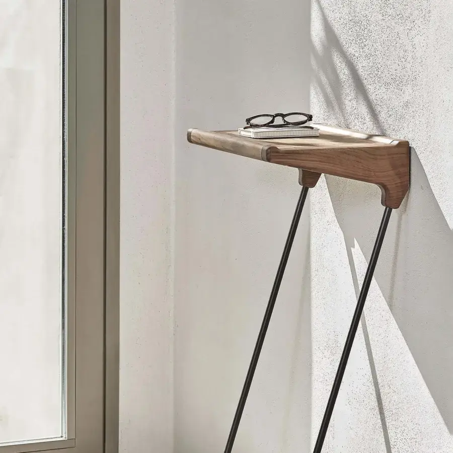 Elegant Porada Maori console with a solid canaletta walnut top and pewter grey metal frame in satin finish