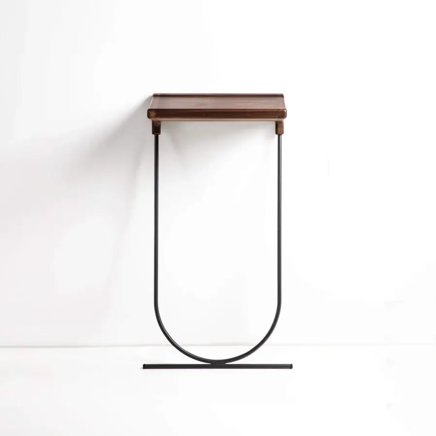 Superior Porada Maori console built with a solid canaletta walnut top and pewter grey metal frame