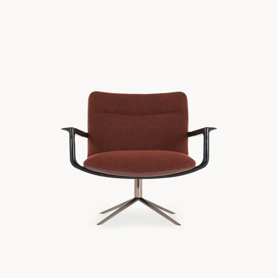 Exceptional Visionnaire Spectre lounge chair with reddish-brown leather upholstery, solid ash armrests, and polished stainless steel base