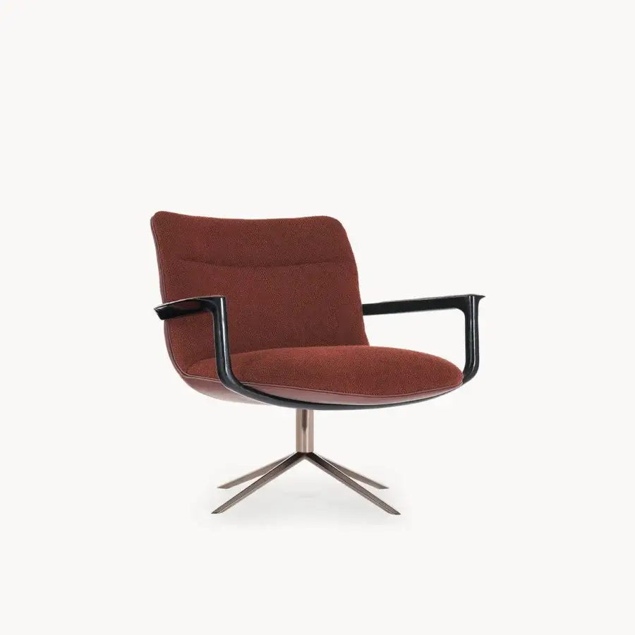 Superior Visionnaire Spectre lounge chair with reddish-brown textured textile upholstery and varnished solid ash frame