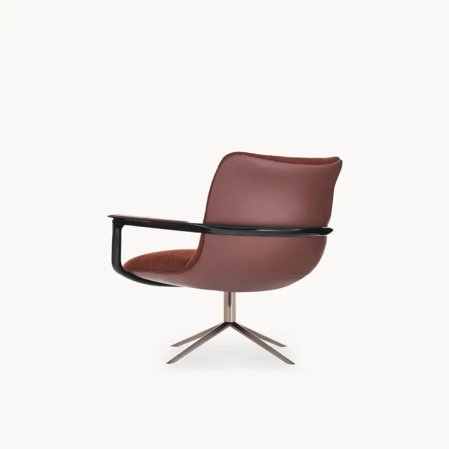 Lavish Visionnaire Spectre lounge chair in reddish-brown leather with integrated solid ash armrests and polished stainless steel base