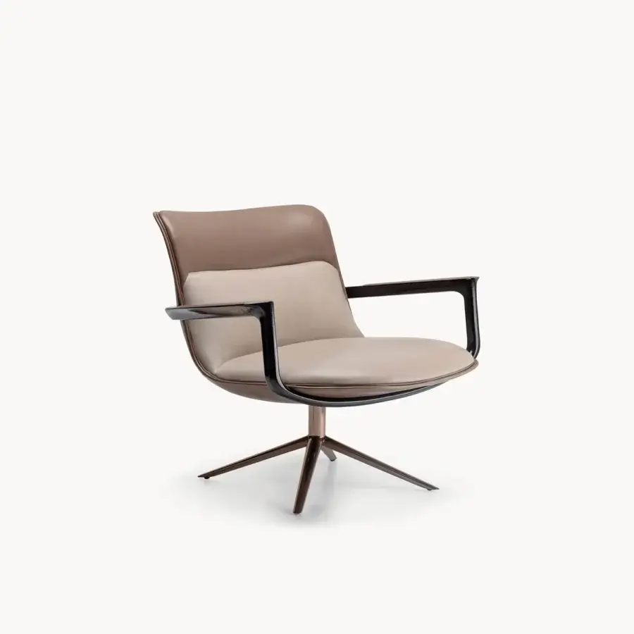 Distinguished Visionnaire Spectre lounge chair with sculpted leather back, light-brown textile seat and high-gloss varnished solid ash armrests