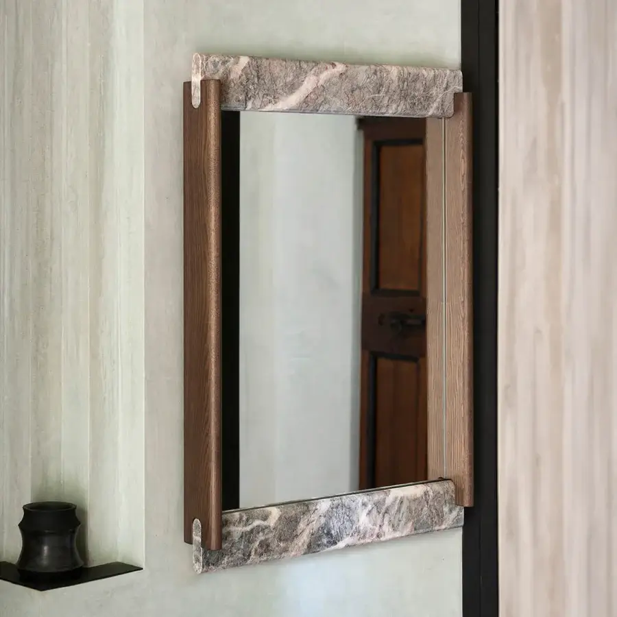 Superior Potocco E Claire mirror with ash wood frame and light gray veined marble accents in satin finish