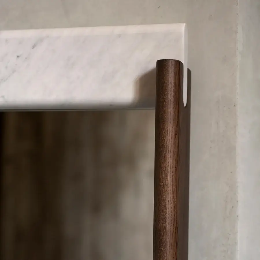 Elegant Potocco E Claire mirror with dark satin ash wood and cool gray-veined white marble frame