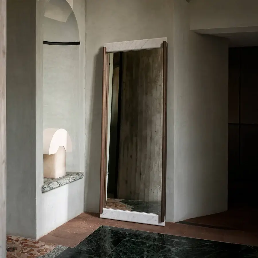 Distinguished Potocco E Claire mirror crafted in ash wood with polished gray and white veined marble and satin brownish-bronze metal finish