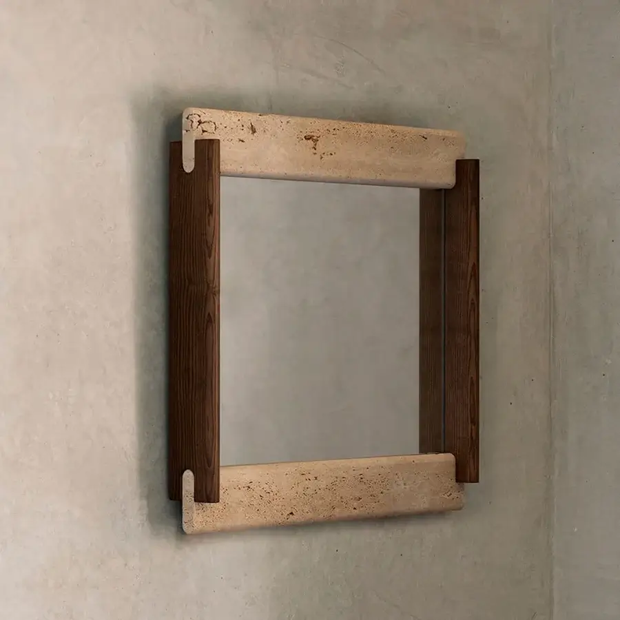 Superior Potocco E Claire mirror uniting warm ash wood with cool light beige textured stone corners in a matte finish