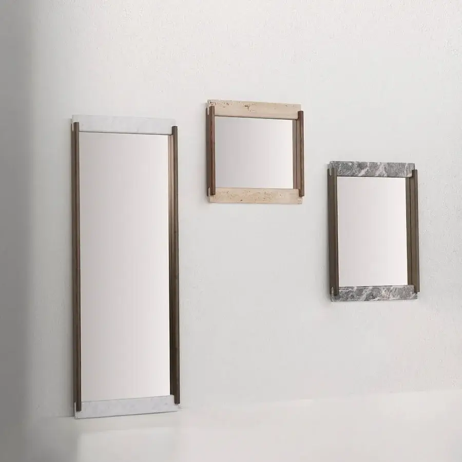 Exceptional Potocco E Claire mirror uniting ash wood with grey-and-white veined marble in a satin finish