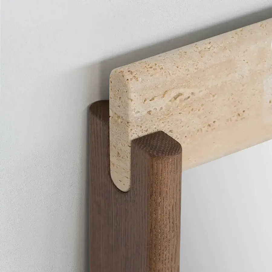 Elegant Potocco E Claire mirror uniting ash wood with marble in a satin and textured matte finish