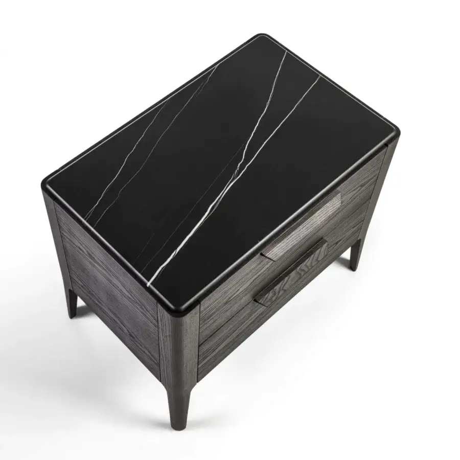 Superior Porada Ziggy Night XL nightstand crafted in canaletta walnut with a matte finish and dark gray marble-look tabletop