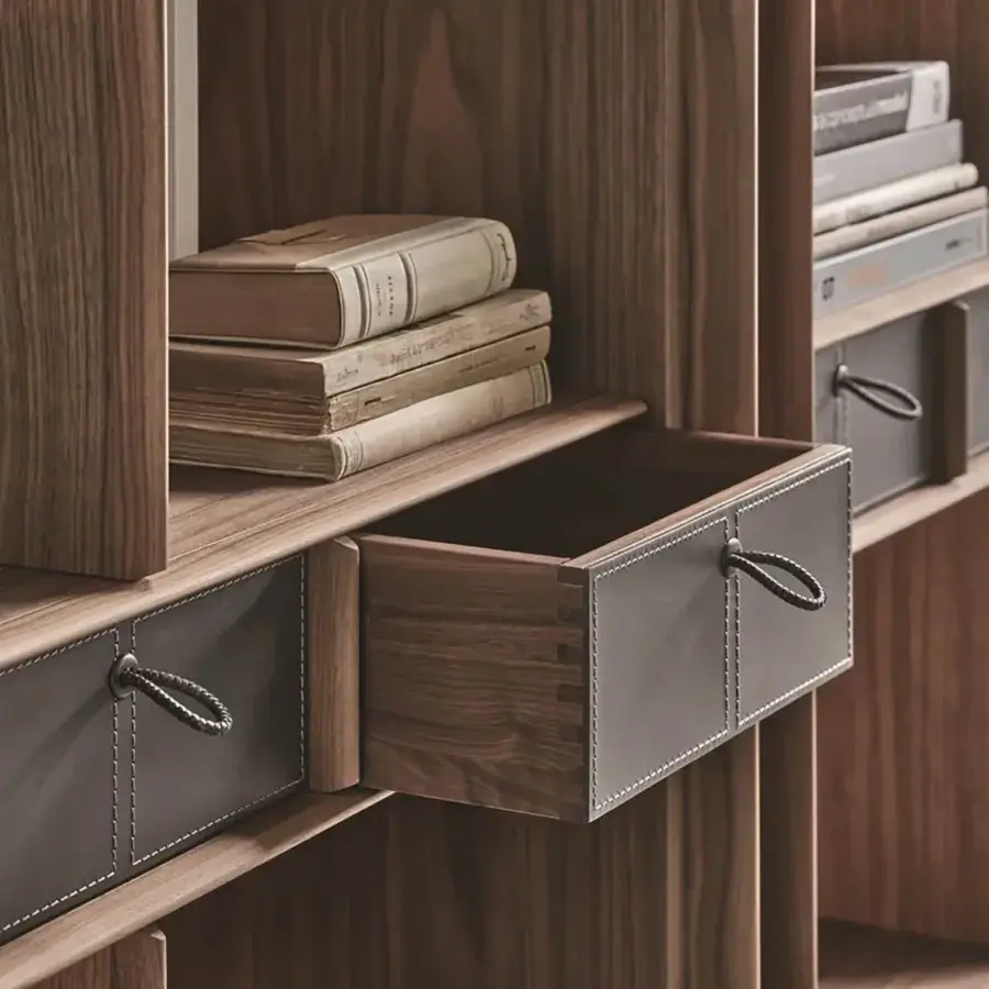 Superior Matics shelving built in wood with natural medium-brown and walnut veneer, plus satin and dark gray textile drawers