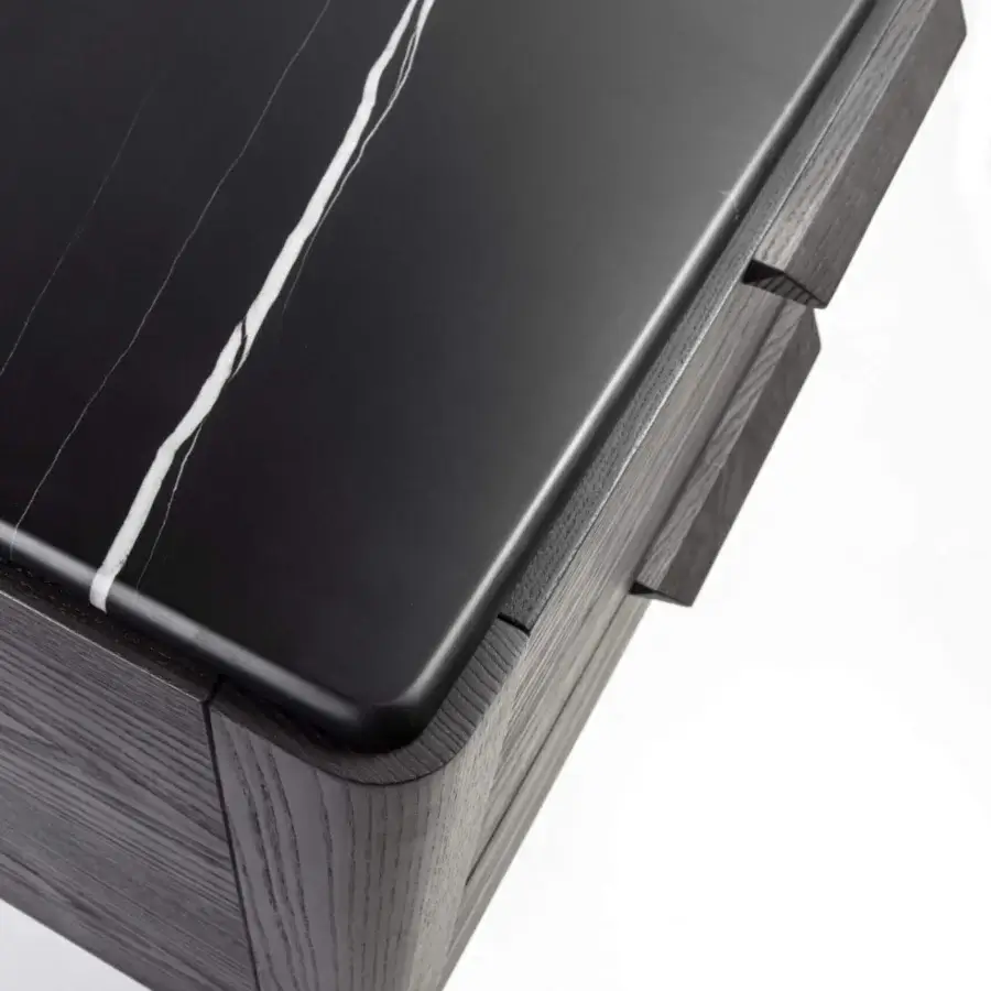 Distinctive Porada Ziggy Night XL nightstand crafted in canaletta walnut with a matte finish and striking marble tabletop with white veining