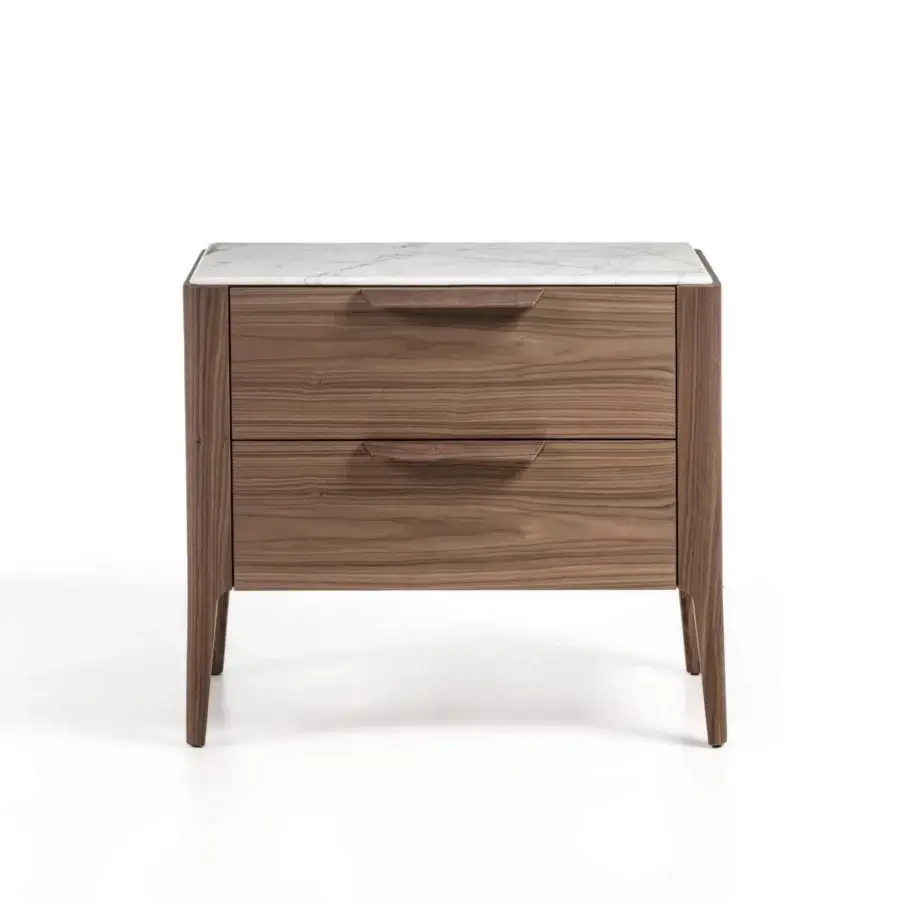 Exquisite Porada Ziggy Night XL nightstand crafted in canaletta walnut with satin sheen and white marble tabletop