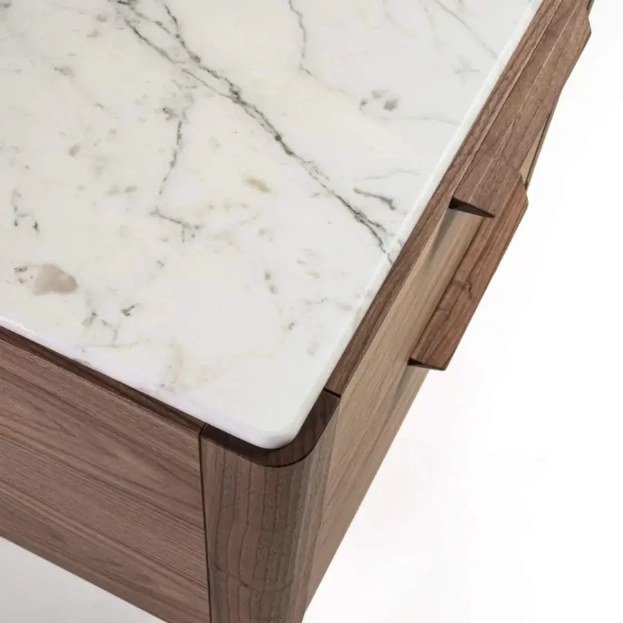Superior Porada Ziggy Night XL nightstand crafted in canaletta walnut with a satin finish and white marble top