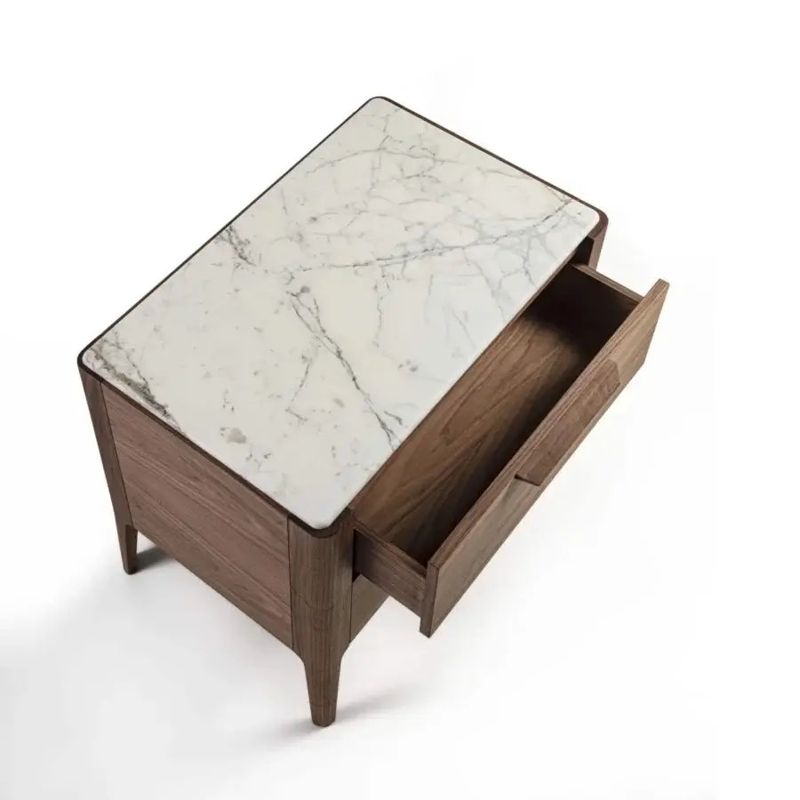 Captivating Porada Ziggy Night XL nightstand crafted in canaletta walnut with a satin finish and striking marble tabletop