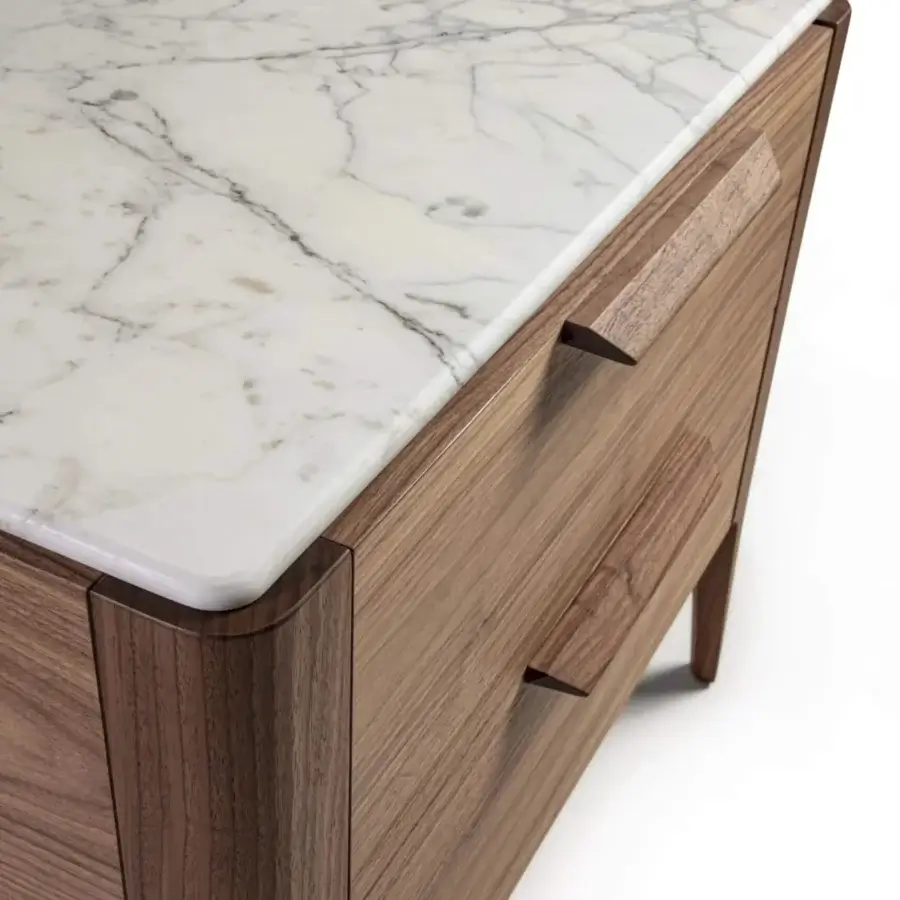 Elegant Porada Ziggy Night XL nightstand crafted in canaletta walnut with satin finish and white marble tabletop