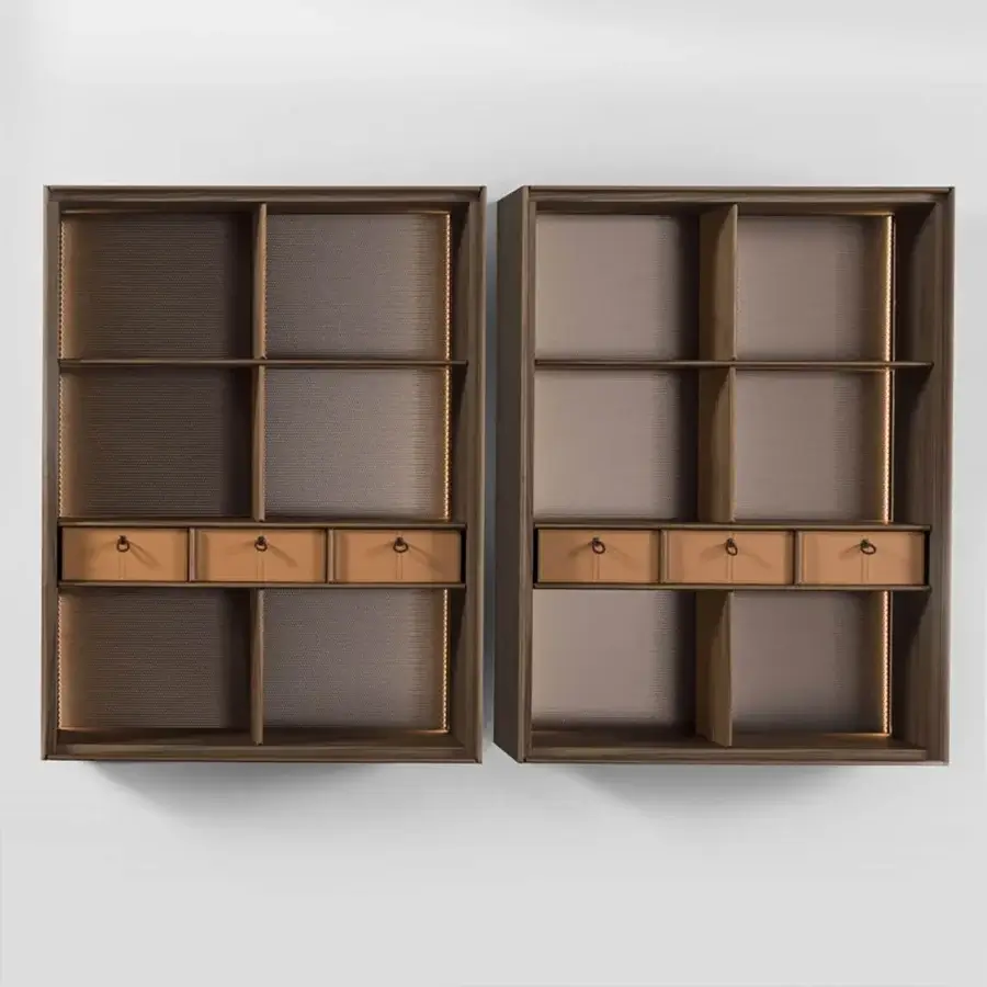 Distinguished Matics 1 wall-mounted cabinets with warm brown wood and satin finish showcase balanced open shelving contrasted by recessed drawers