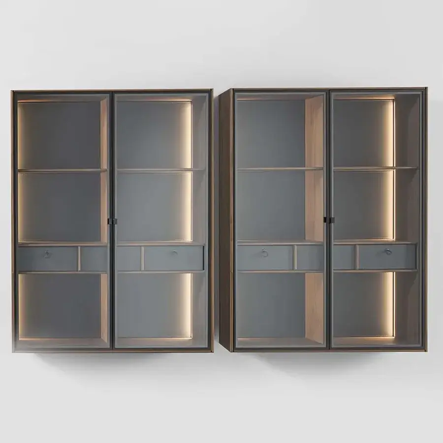 Superior Matics 1 cabinet system with muted gray-toned wood, blackened metal framing and clear glass, finished in satin