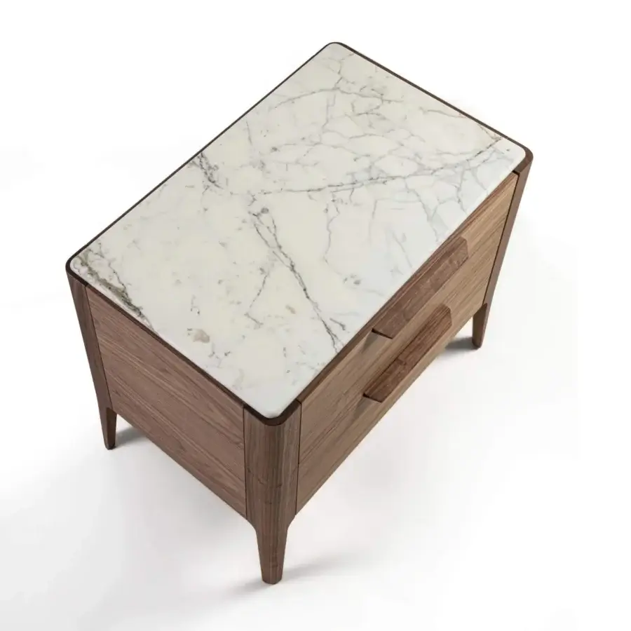 Distinctive Porada Ziggy Night XL nightstand crafted in canaletta walnut with satin finish and striking marble tabletop