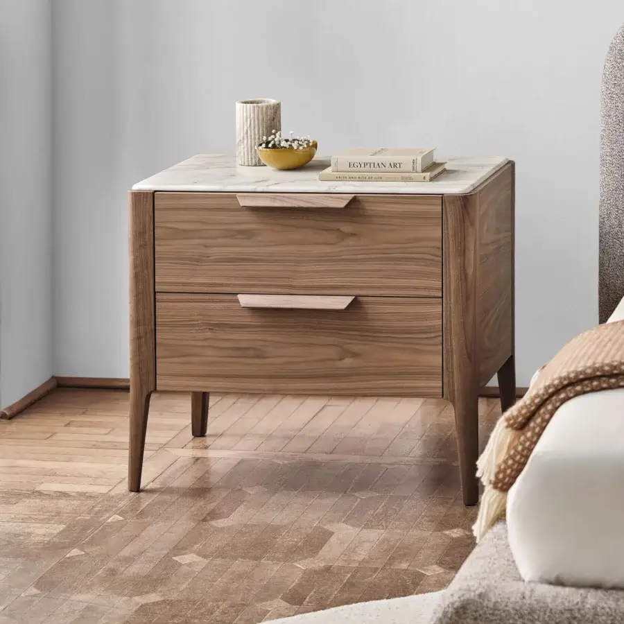 Elegant Porada Ziggy Night XL nightstand crafted in canaletta walnut with satin finish and white marble top