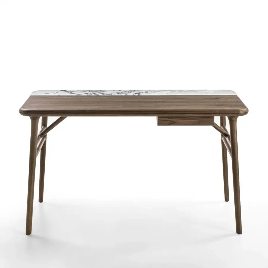 Sophisticated Porada Aksel desk crafted in solid Canaletto walnut with a two-part tabletop and satin finish