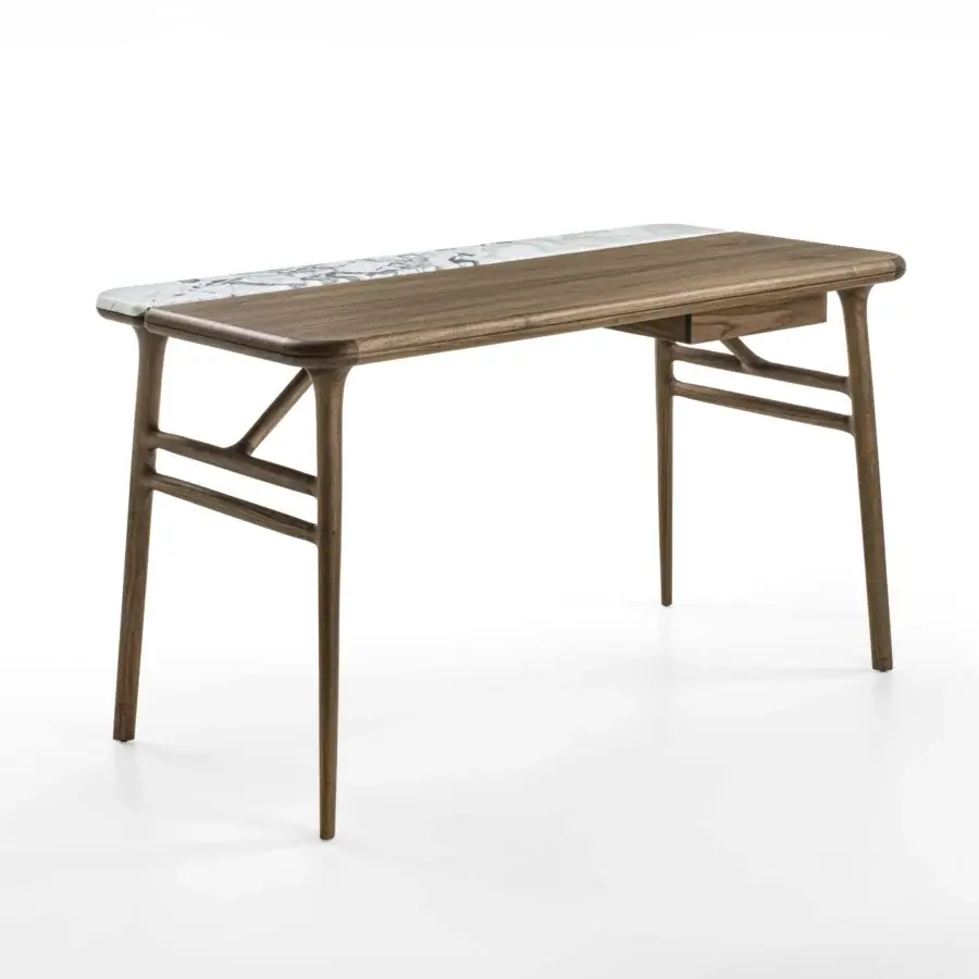 Distinguished Porada Aksel desk built with solid Canaletto walnut and white marble, showcasing a satin sheen finish