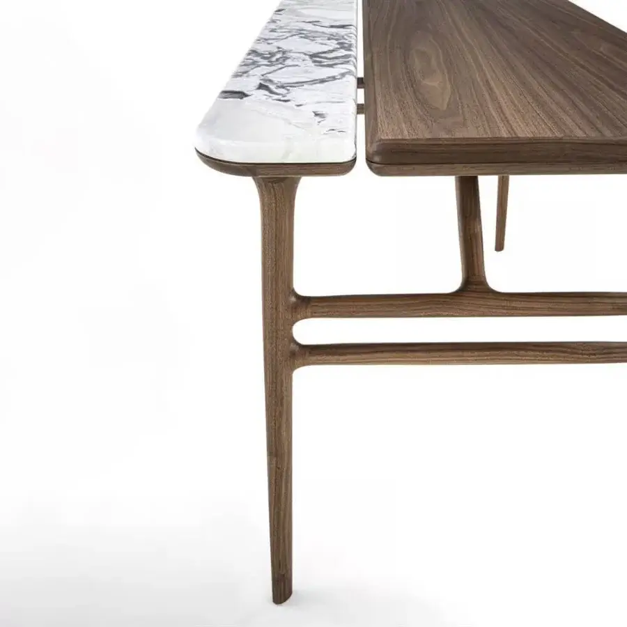 Luxury Porada Aksel desk in solid Canaletto walnut and white marble with a divided surface and integrated cable management