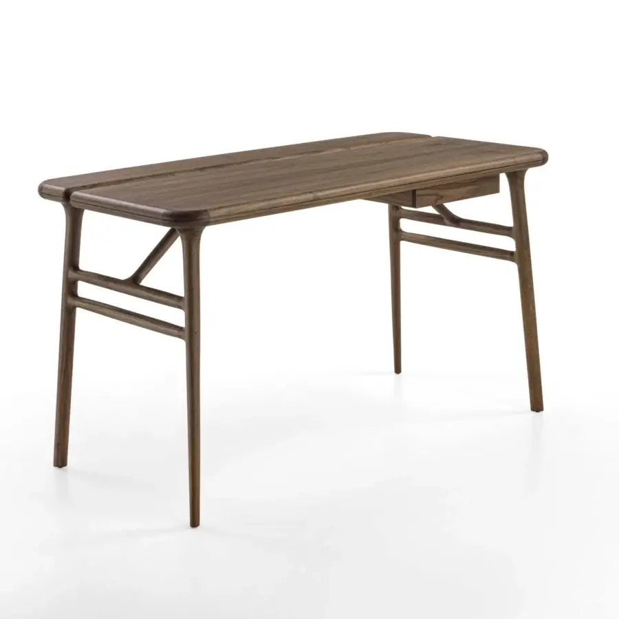 Refined Porada Aksel desk crafted in solid Canaletto walnut with a satin finish and distinctive two-part tabletop