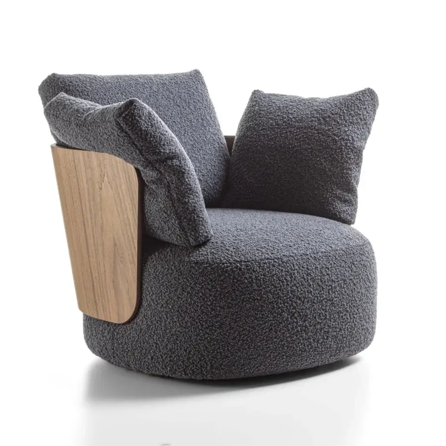 Distinguished Porada Calin armchair with curved Canaletto walnut backrest and dark gray bouclé-textured seat, built with a sleek swivel metal base
