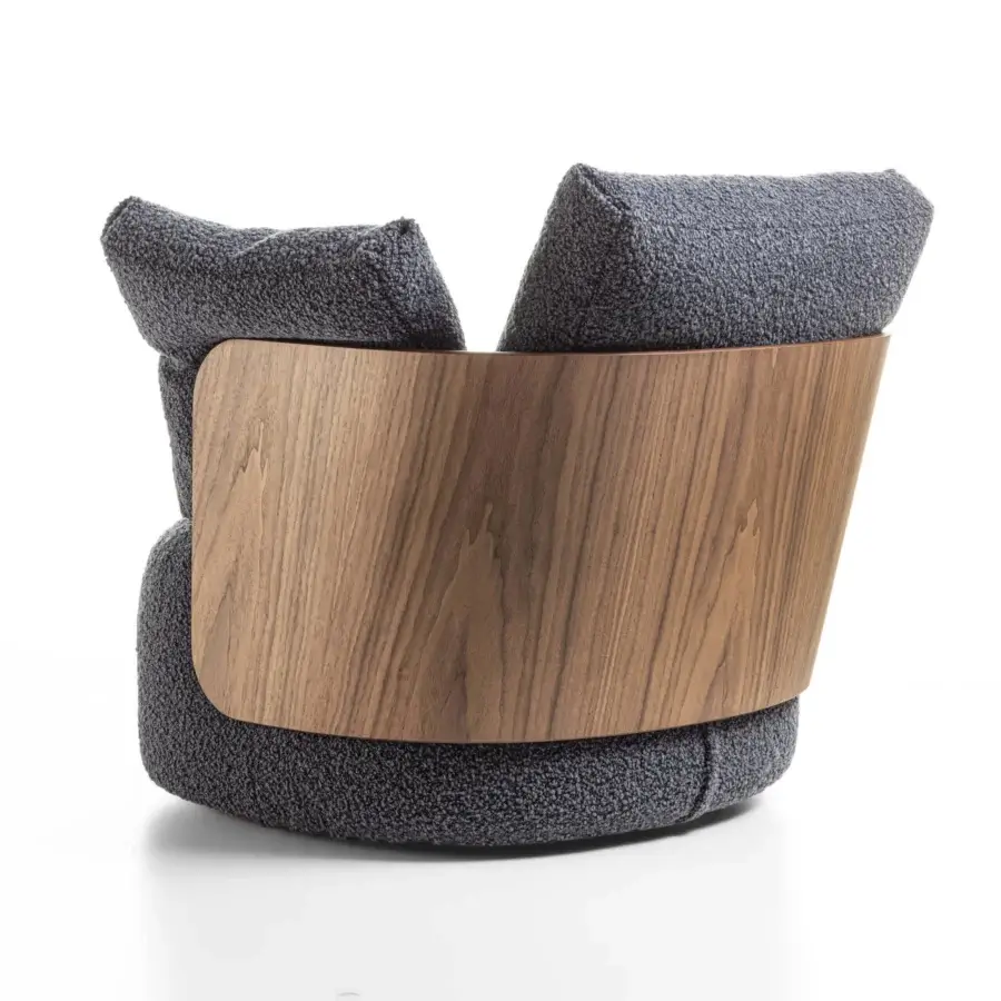 Distinguished Porada Calin armchair with gracefully curved Canaletto walnut backrest and dark gray textile upholstery crafted with a swivel metal base