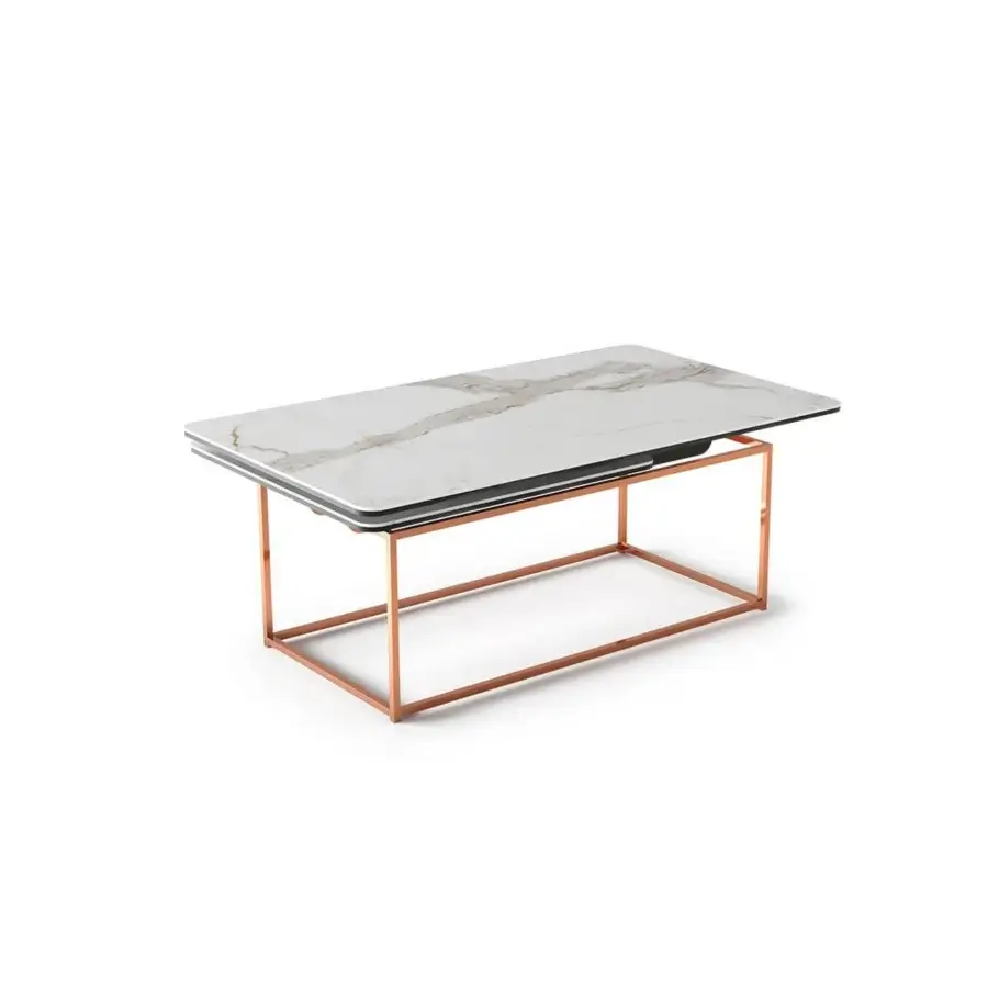 Distinguished Naos Amerigo coffee table with a ceramic top displaying white and grey veining in satin rose gold-toned galvanized steel construction