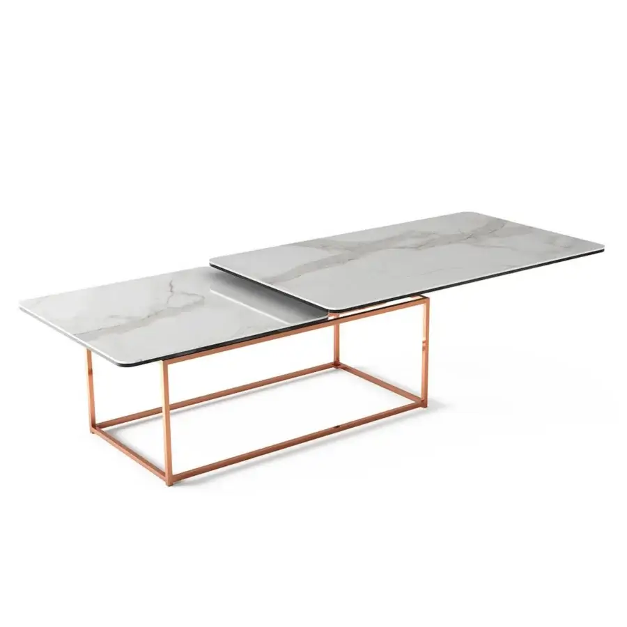 Superior Naos Amerigo coffee table crafted with a white ceramic top displaying grey veining and a rose-gold toned steel base