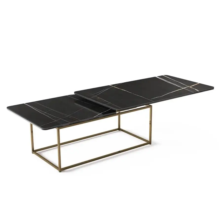 Elegant Naos Amerigo coffee table with a ceramic top displaying marble-like veining and a golden-toned galvanized steel base