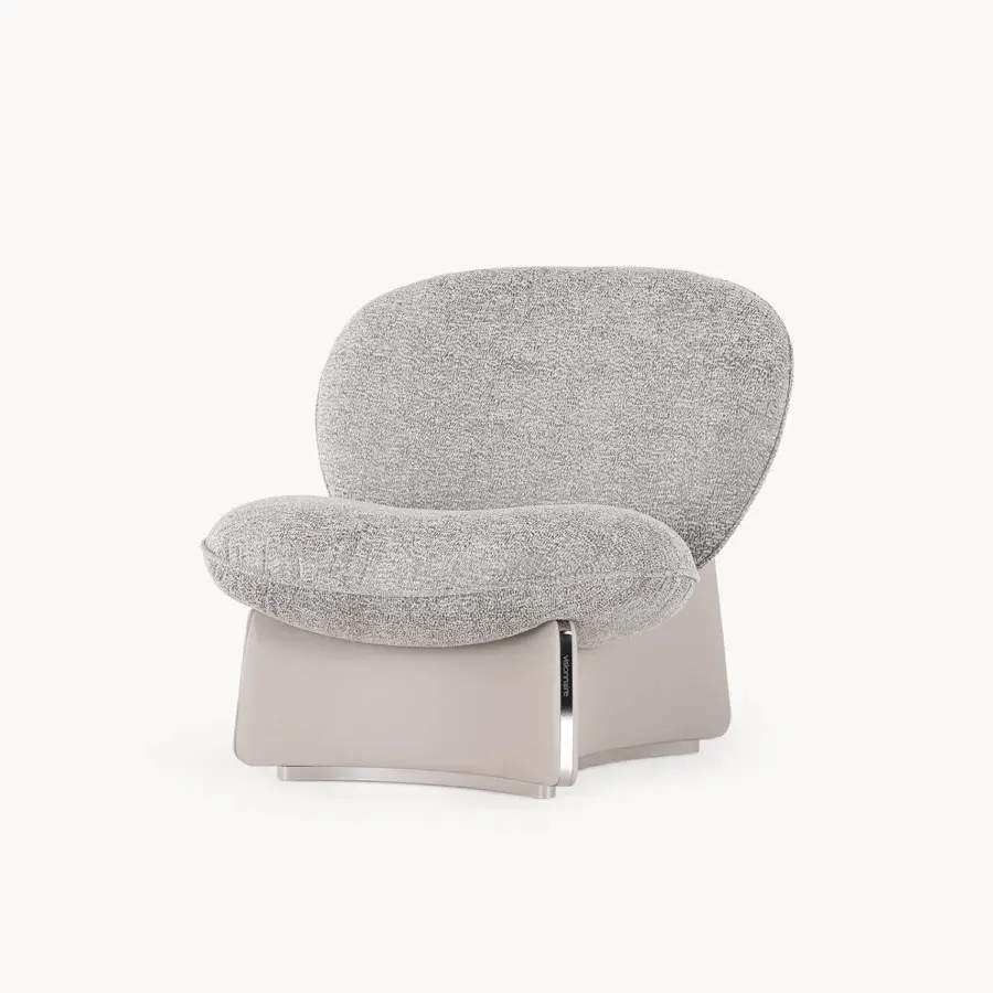Exceptional Visionnaire Flame lounge chair with curved multilayer wood shell, plush light gray textile and satin stainless steel leather base
