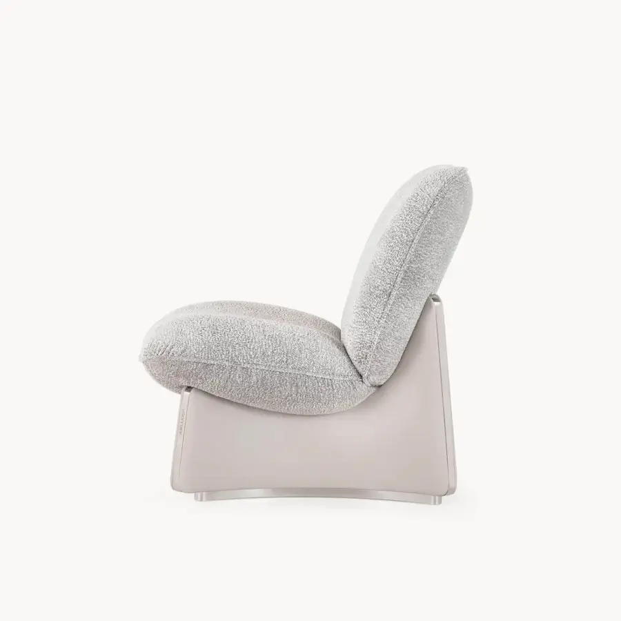 Distinguished Visionnaire Flame lounge chair with graceful curves, textured light gray fabric and satin stainless steel leather base