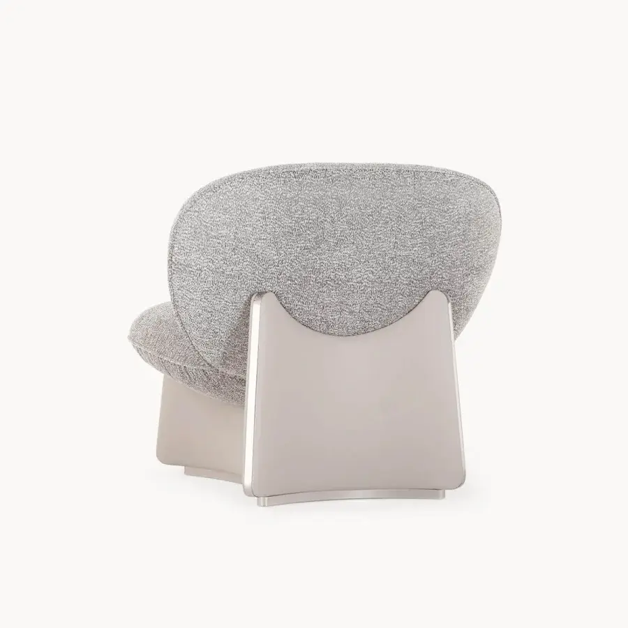 Sophisticated Visionnaire Flame lounge chair with curved wood shell, speckled gray fabric upholstery and satin stainless steel leather base