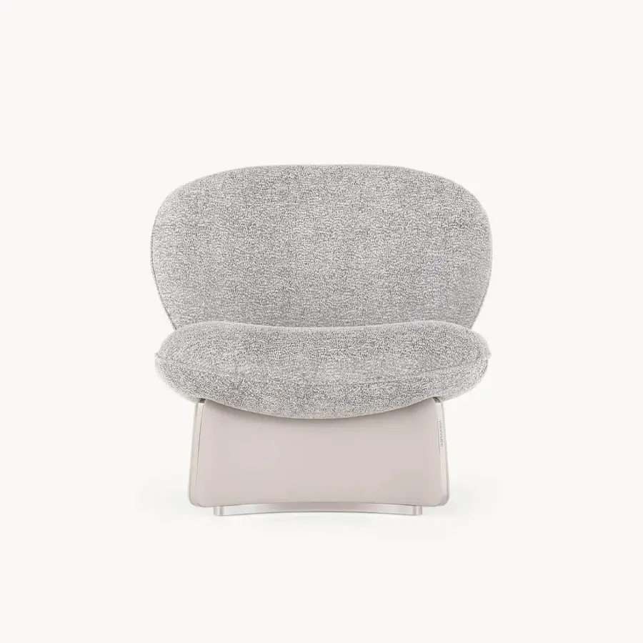 Lavish Visionnaire Flame lounge chair with curved multilayer wood shell, neutral gray textured fabric and satin stainless steel base