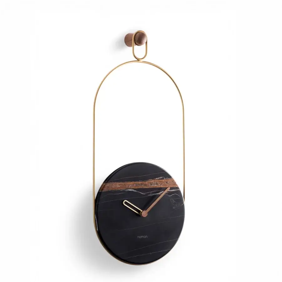 Exclusive Nomon Eslabón Wall Clock with solid marble plate and delicately curved golden-toned metal frame