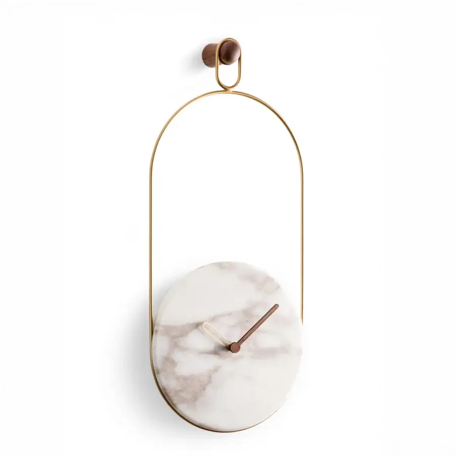 Distinguished Nomon Eslabón Wall Clock with a marble plate within a gold-toned metal frame and dark brown wooden mounting