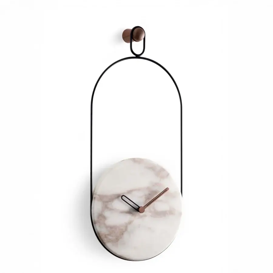 Exceptional Nomon Eslabón Wall Clock with a matte black metal rod suspending polished marble exhibiting grey veining