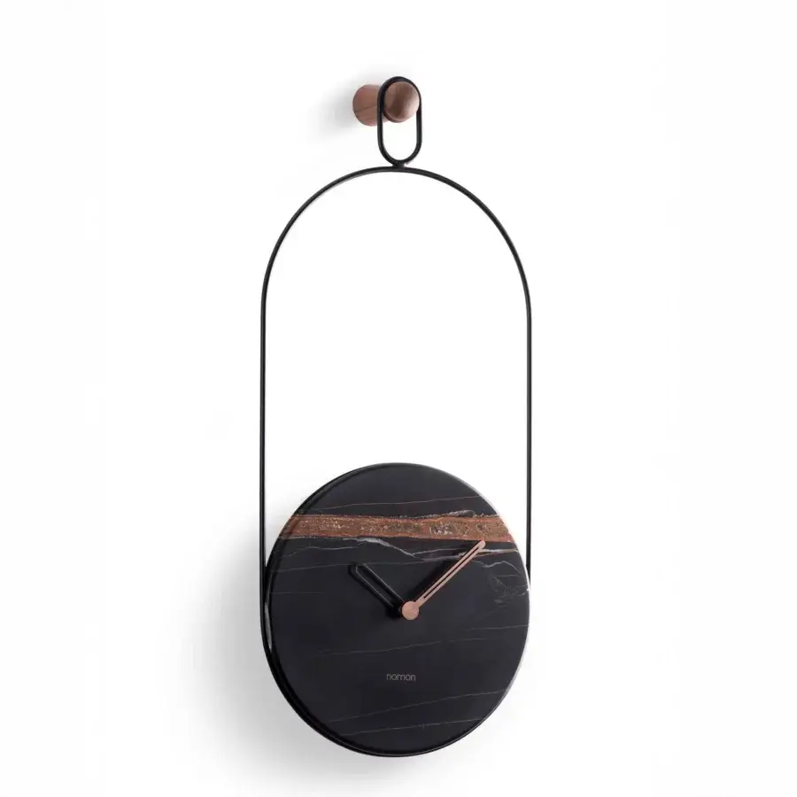 Superior Nomon Eslabón Wall Clock with polished marble and sleek black metal framing muted copper hands