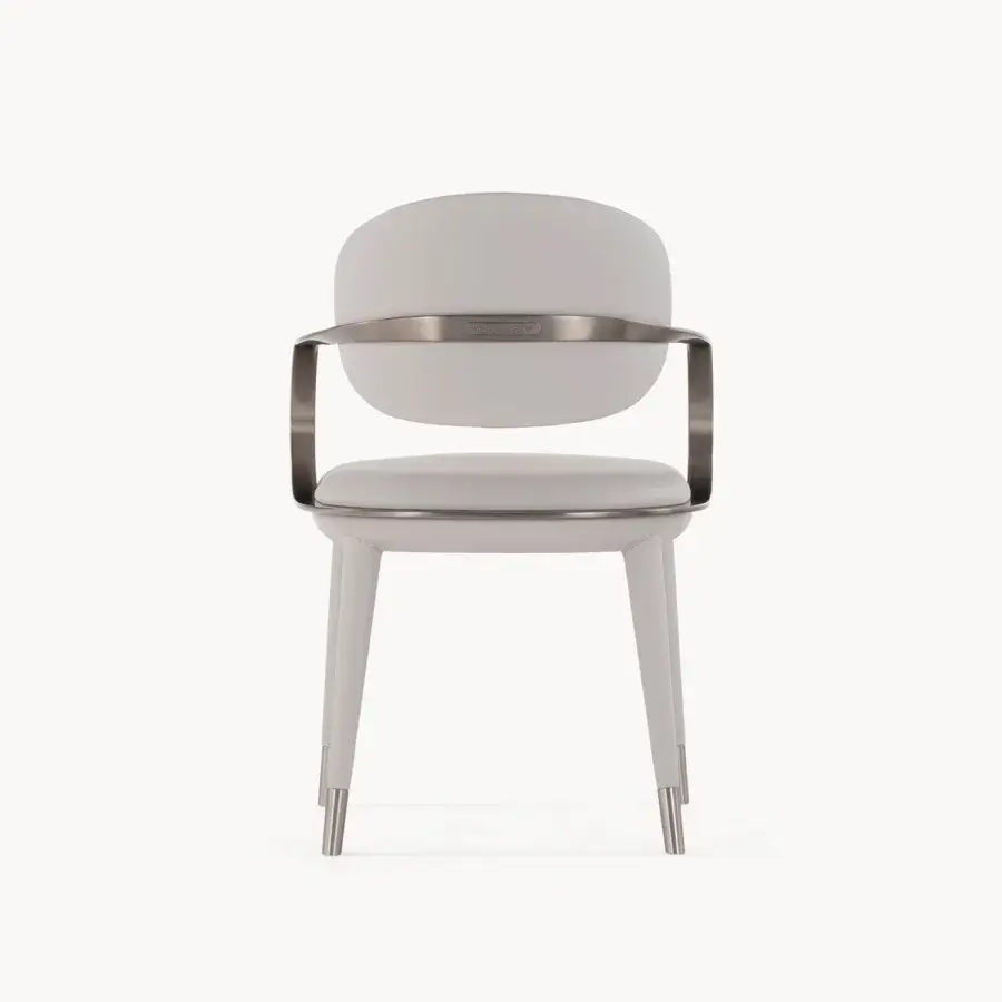 Distinguished Visionnaire Elixir armchair in light gray textile with twisted metal armrests and satin beechwood legs